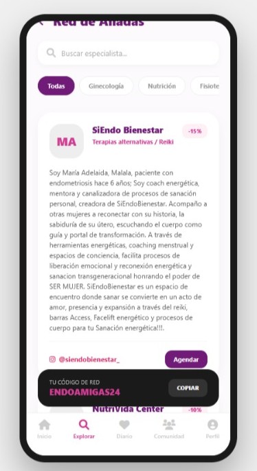 Pantalla de contenido en EndoserApp