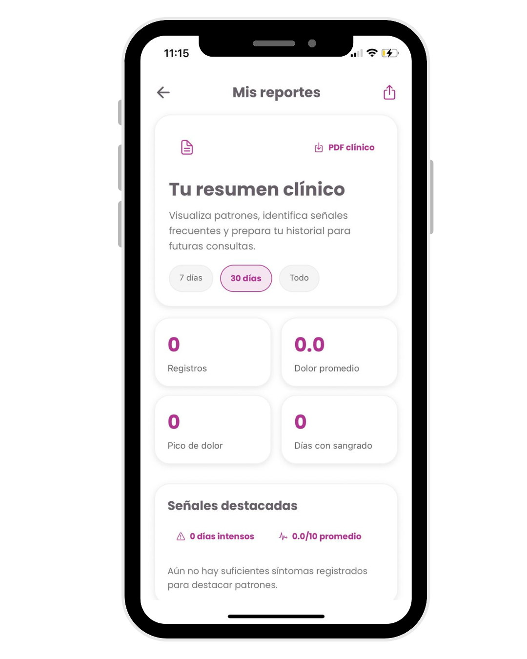 Pantalla de reporte PDF personal en EndoSer